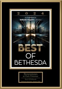 Best of Bethesda 2024 award, as published in Bethesda Magazine, presented to Brownstones at Park Potomac